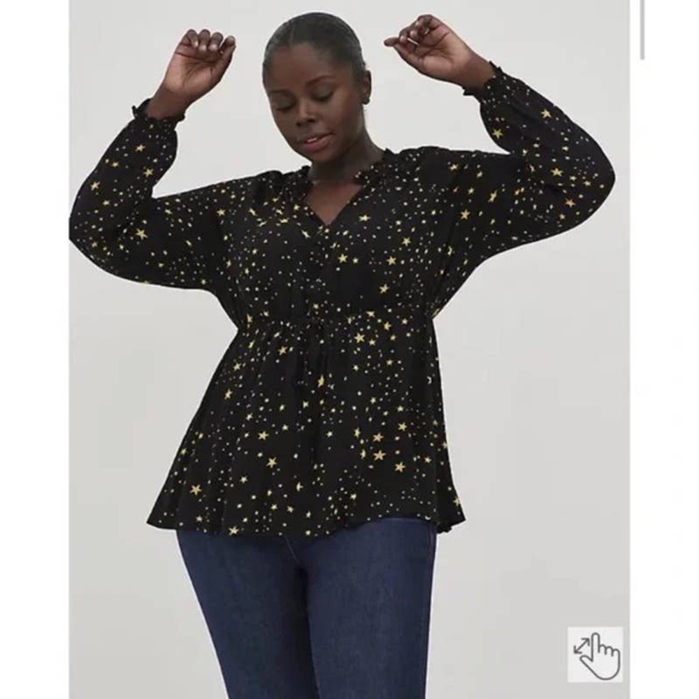NWT Torrid  Black Peasant Star Gauze V-Neck Tie Waist Blouse Top Size 1X (14/16)